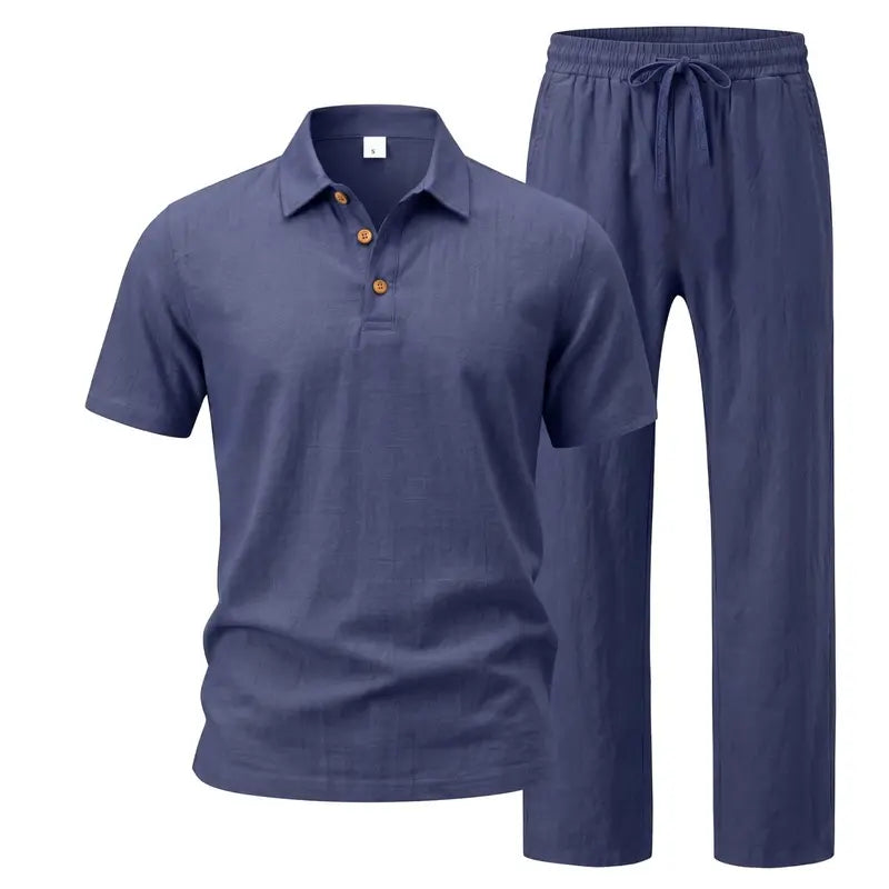 Hot Sales 🔥👕Men Linen Polo 2 Piece Outfit,🌴 Summer Shorts & Long Pants Suit🩳 👖
