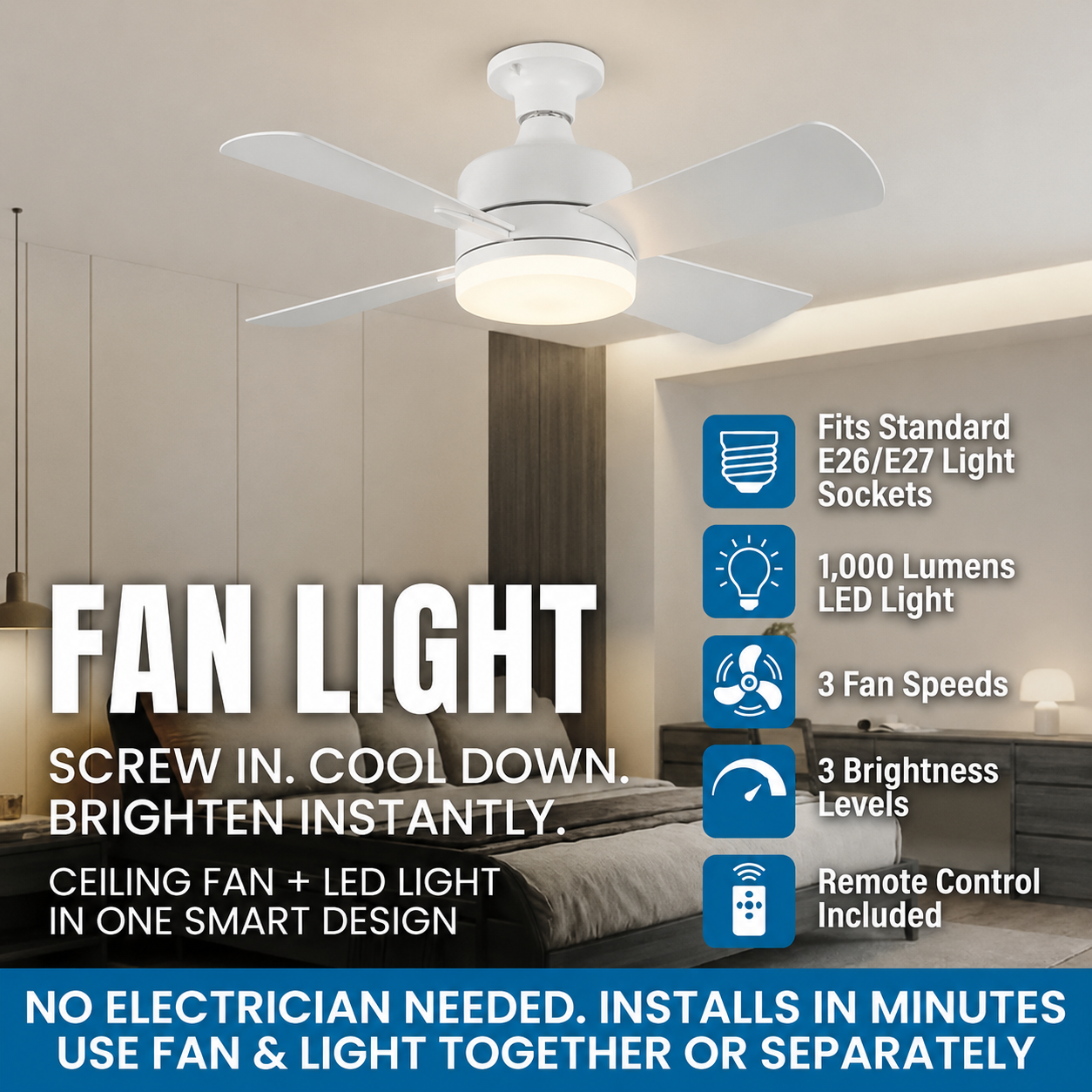 🌀+💡Remote Controlled Socket Ceiling Fan & Light