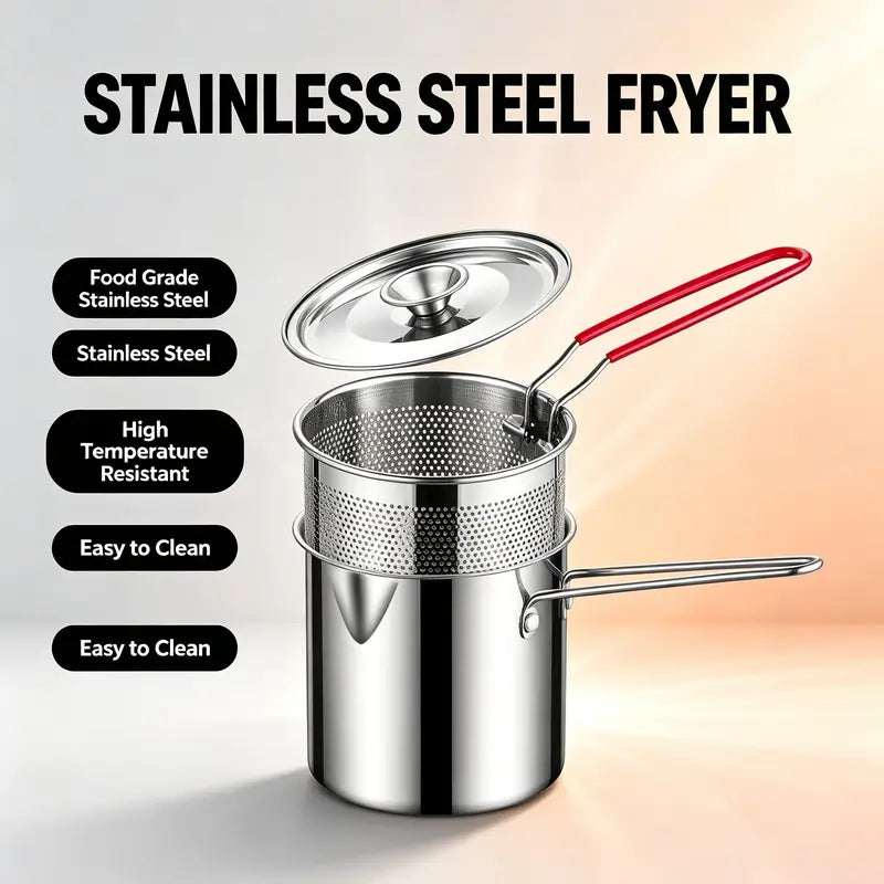 🔥Limited Time 49% OFF🍳 Oil‑Saving Deep Fry Pot, Stainless Steel Small Frying Pot with Strainer Basket & Food Clip
