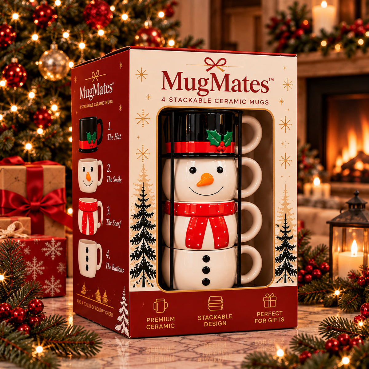 ☃️ Christmas Snowman Mug Set | 4 Ceramic Mugs with Display Stand