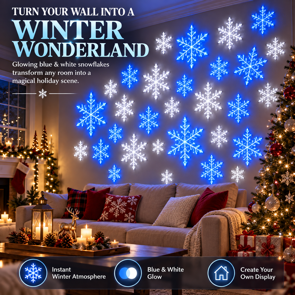 💙 WINTER WONDERLAND FAVORITE | Blue & White LED Snowflake Lights 12Pcs Set – Christmas Wall Decor for Living Rooms & Bedrooms