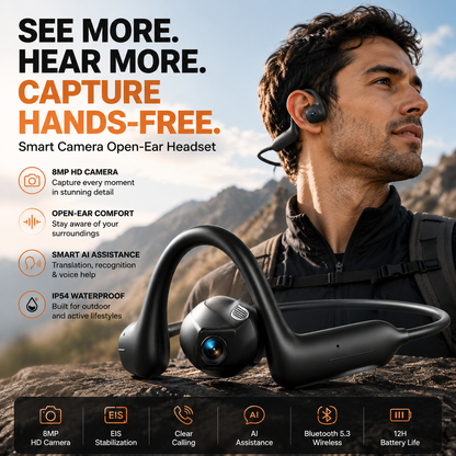 🔥 49% OFF Limited Offer - 8MP Smart Camera Open-Ear Headset – EIS Video, AI Assistance & 12H Battery