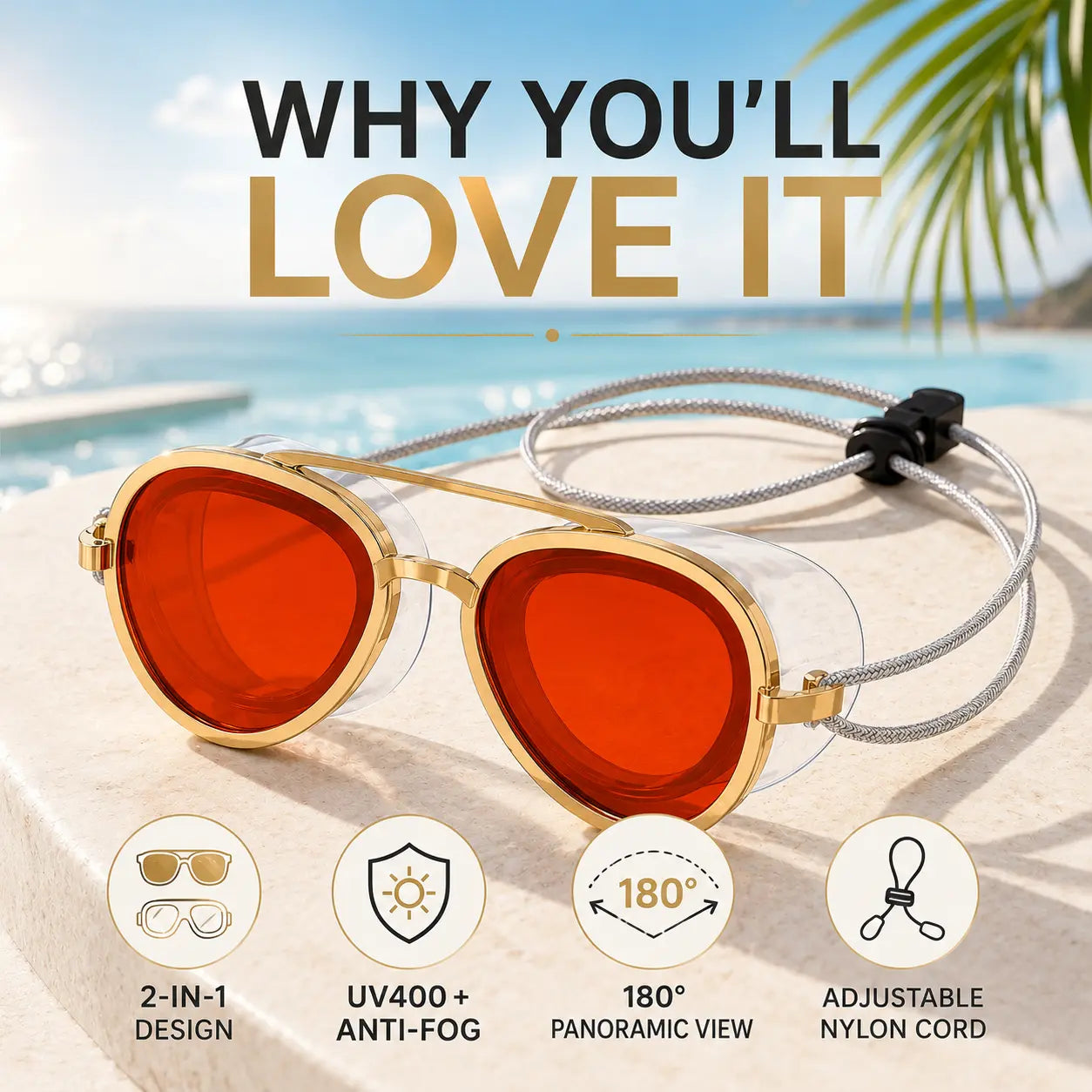 2-in-1 Polarized Swim Goggles & Sunglasses, Gold Frame Red Tinted Anti-Fog Goggles with UV Protection, 180° Wide View Silicone Seal for Adults