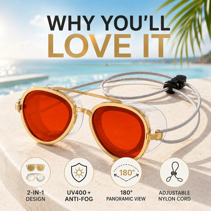 2-in-1 Polarized Swim Goggles & Sunglasses, Gold Frame Red Tinted Anti-Fog Goggles with UV Protection, 180° Wide View Silicone Seal for Adults