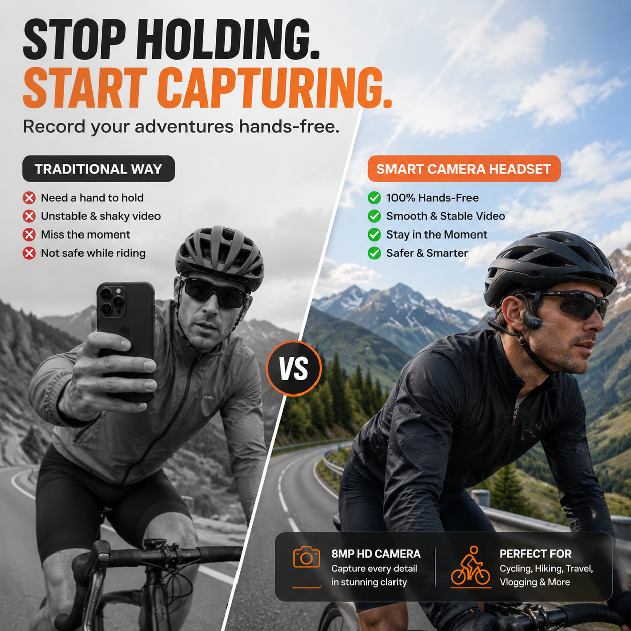 🔥 49% OFF Limited Offer - 8MP Smart Camera Open-Ear Headset – EIS Video, AI Assistance & 12H Battery