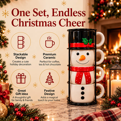 ☃️ Christmas Snowman Mug Set | 4 Ceramic Mugs with Display Stand
