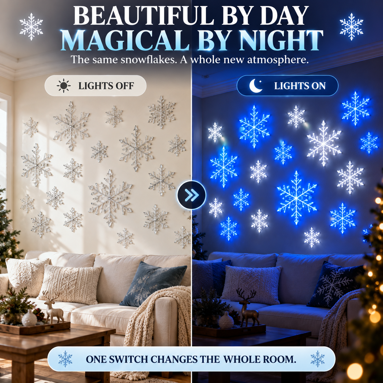 💙 WINTER WONDERLAND FAVORITE | Blue & White LED Snowflake Lights 12Pcs Set – Christmas Wall Decor for Living Rooms & Bedrooms