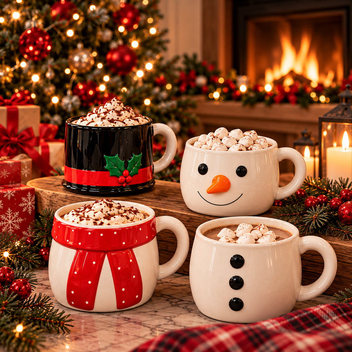 ☃️ Christmas Snowman Mug Set | 4 Ceramic Mugs with Display Stand