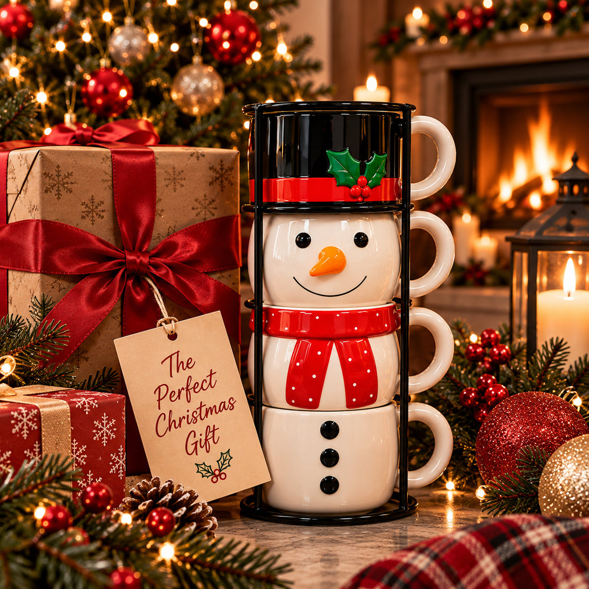 ☃️ Christmas Snowman Mug Set | 4 Ceramic Mugs with Display Stand