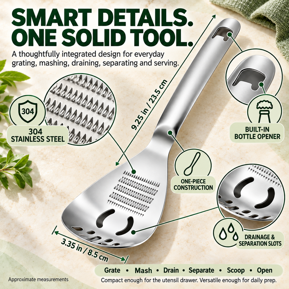 🥄 6-in-1 304 Stainless Steel Multi-Function Grater Spoon – Grate, Mash, Drain & Serve