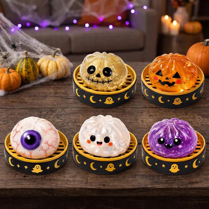 🎃 Halloween Steamed Bun Squishy Toy Set ✨Slow Rising Stress Relief Fidget Toy with Steamer Base