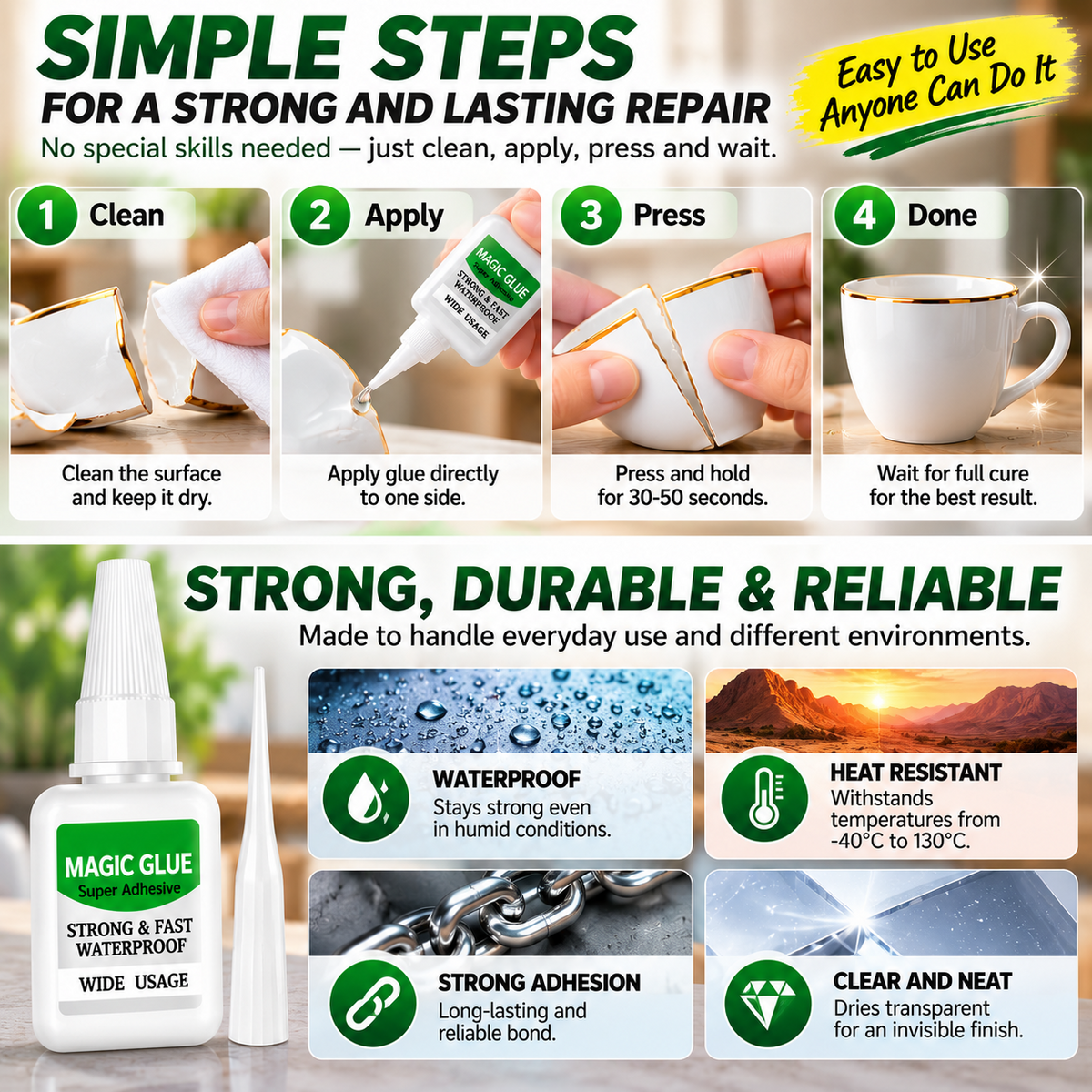 🔥 Limited-Time 49% OFF💪 Magic Super Glue 4-Pack | Instant Bond with Precision Tips