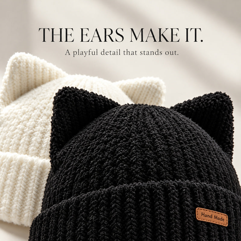 Cute Cat Ear Knit Beanie – Cozy Winter Hat for Women