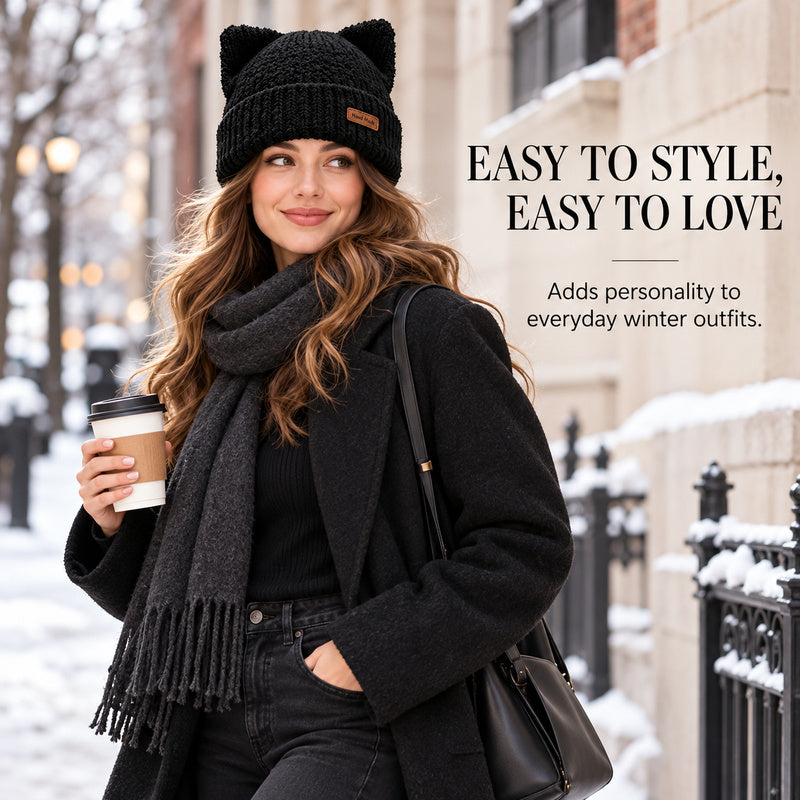 Cute Cat Ear Knit Beanie – Cozy Winter Hat for Women