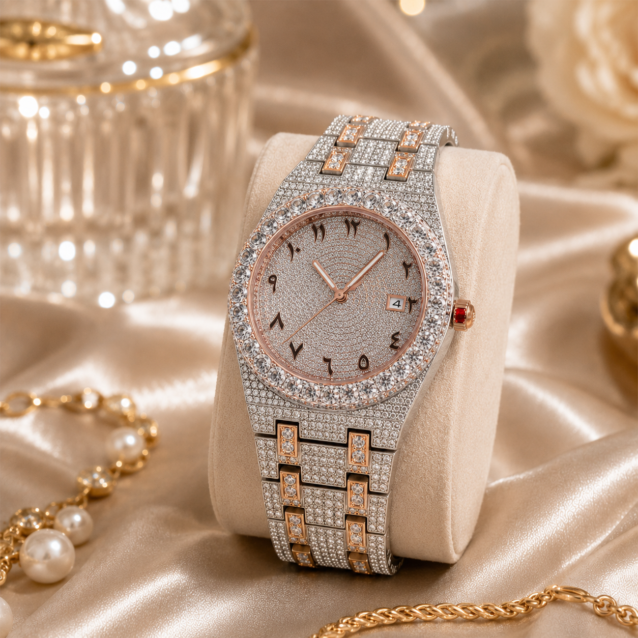 ⌚✨High quality iced out wrist watch automatic waterproof bling bling Rhinestone Embellished Quartz Watch og two tone watches