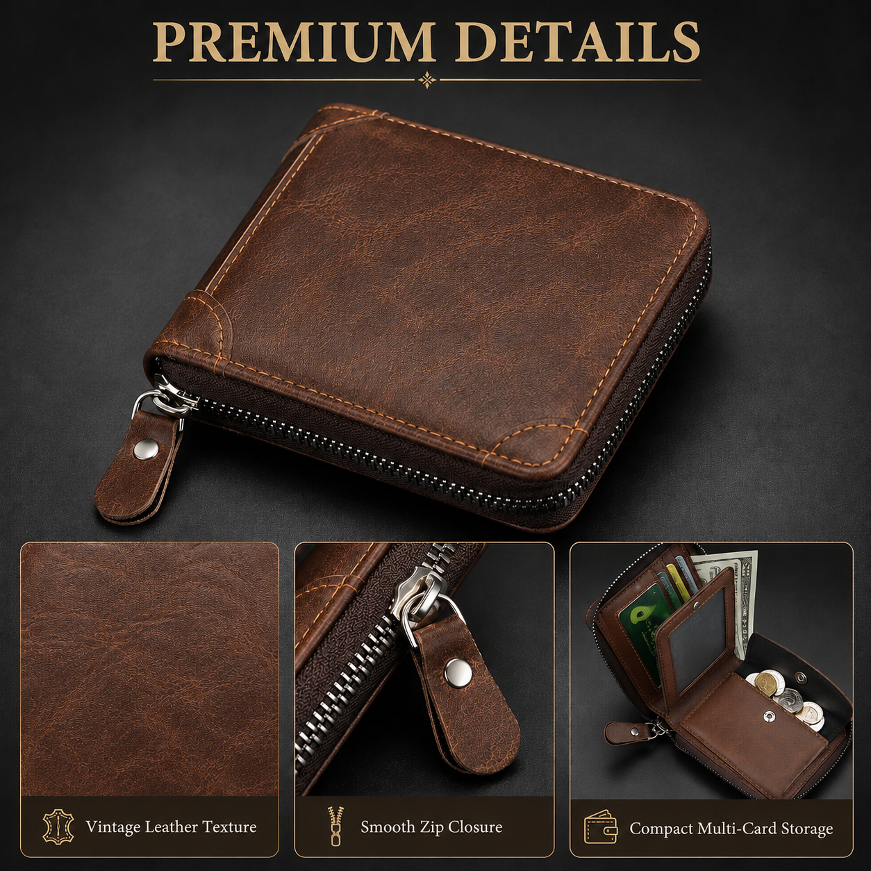 2025 New Men's Wallet PU Leather Retro Zipper Wallet
