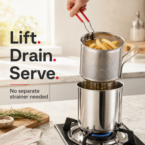 2026🔥🍟 Personal Mini Deep Fryer Set – Stainless Steel Pot with Lift-Out Draining Basket & Food Tongs