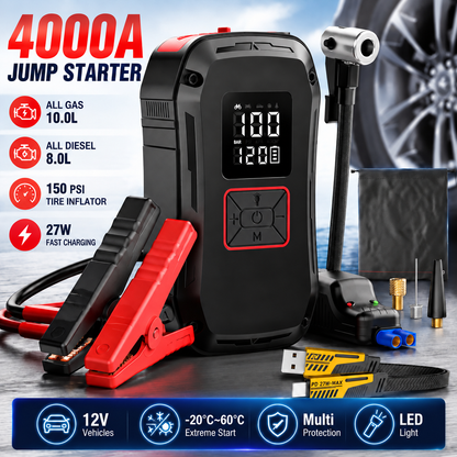 🔥 Limited-Time 49% OFF ⚡4000A Car Jump Starter with 150PSI Air Compressor — 4-in-1 Portable Power Bank & Emergency Light