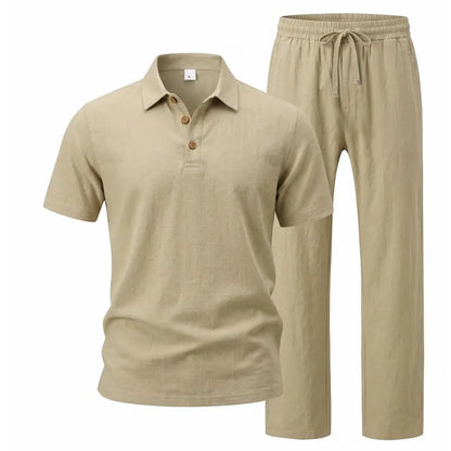 Hot Sales 🔥👕Men Linen Polo 2 Piece Outfit,🌴 Summer Shorts & Long Pants Suit🩳  👖