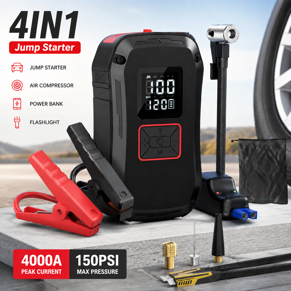 🔥 Limited-Time 49% OFF ⚡4000A Car Jump Starter with 150PSI Air Compressor — 4-in-1 Portable Power Bank & Emergency Light