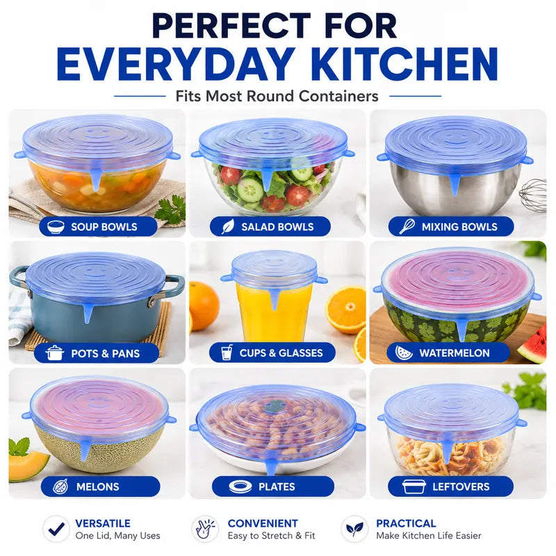 🥗 6-Pack Silicone Stretch Lids – Reusable♻️, BPA-Free & Leak-Proof Covers for Bowls, Pots, Cups & Fruits