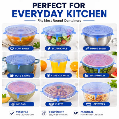 🥗 6-Pack Silicone Stretch Lids – Reusable♻️, BPA-Free & Leak-Proof Covers for Bowls, Pots, Cups & Fruits
