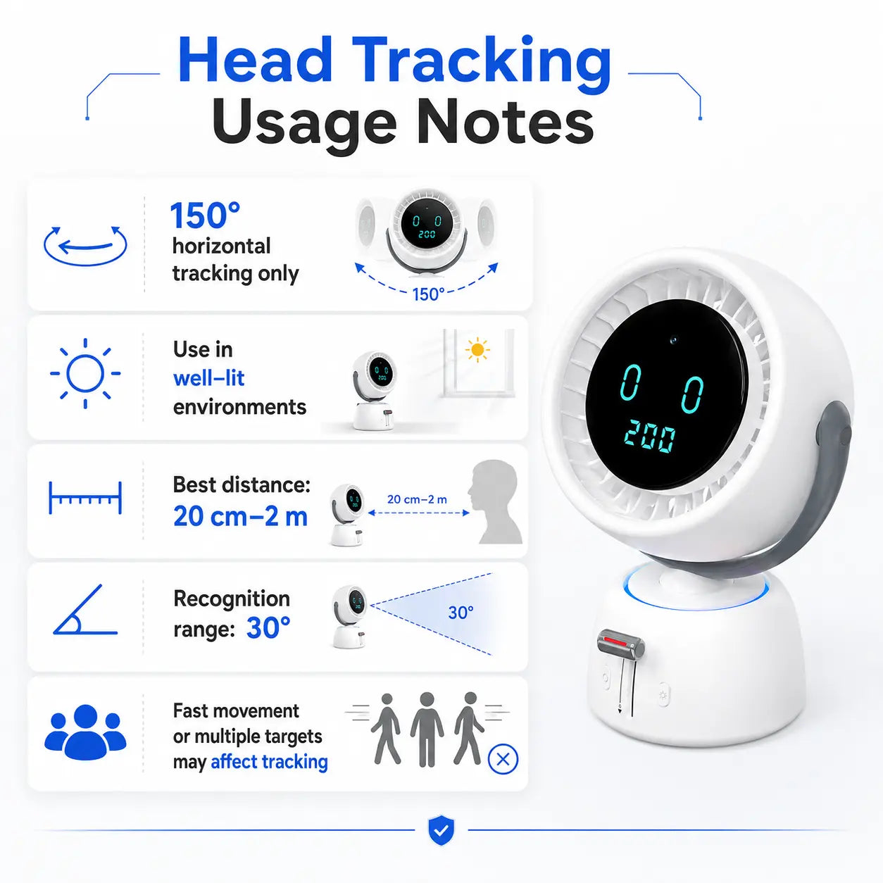🌀Smart Head Tracking Fan ✨ Rechargeable 200-Speed Personal Cooling Fan with Ambient Light