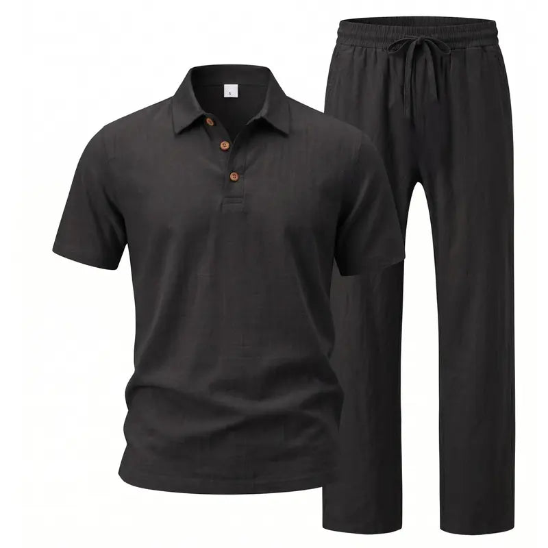 Hot Sales 🔥👕Men Linen Polo 2 Piece Outfit,🌴 Summer Shorts & Long Pants Suit🩳  👖