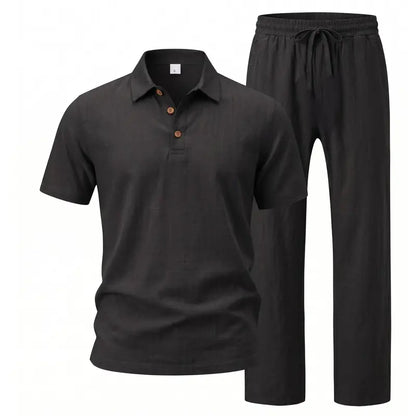 Hot Sales 🔥👕Men Linen Polo 2 Piece Outfit,🌴 Summer Shorts & Long Pants Suit🩳  👖