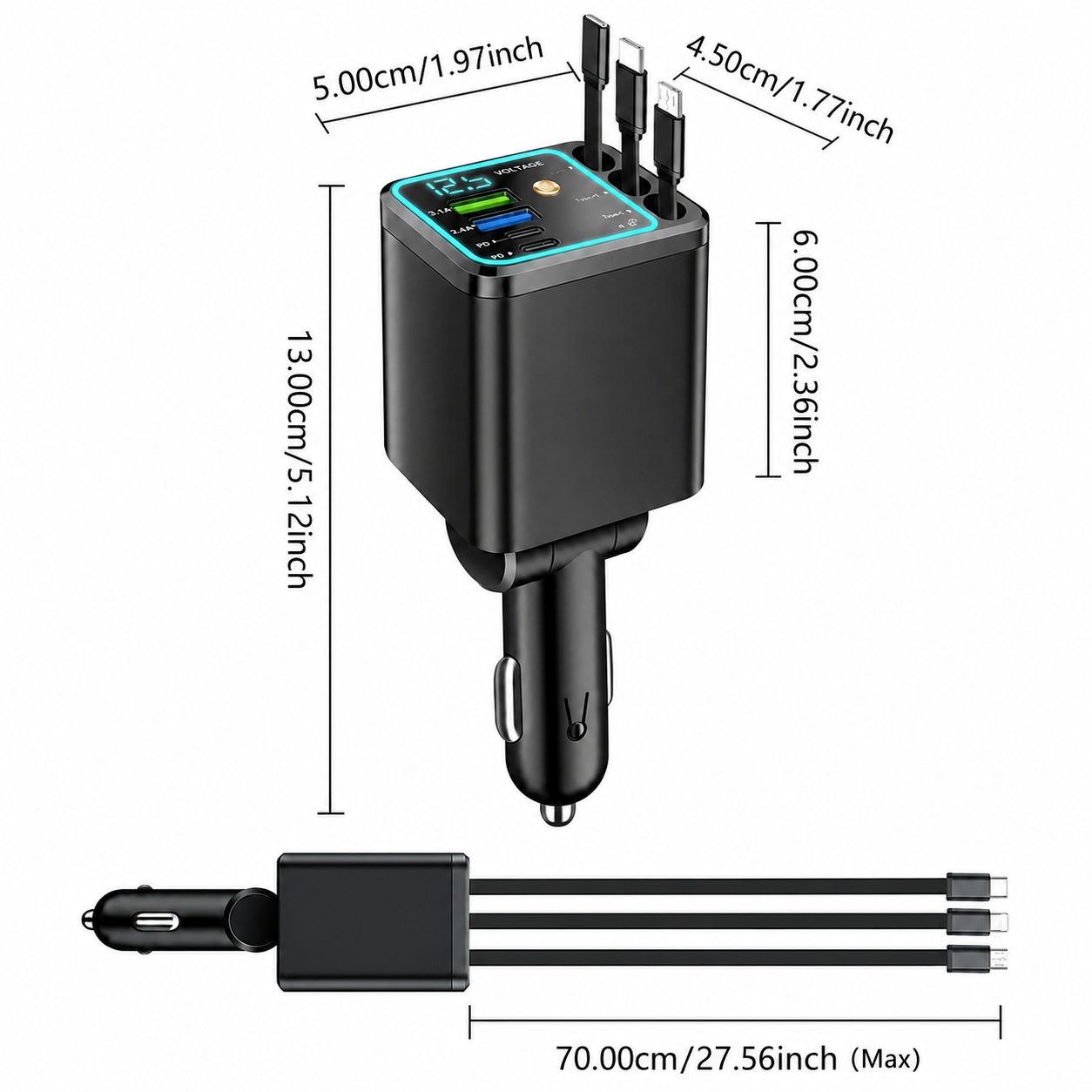 7-in-1 ✨120W Fast Car Charger with Star Projector, Retractable Cable Multi Port Car Charger PD Quick Charge
