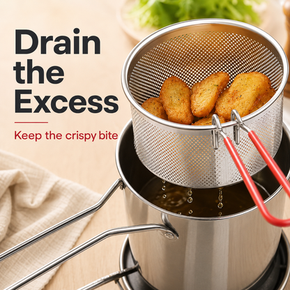 2026🔥🍟 Personal Mini Deep Fryer Set – Stainless Steel Pot with Lift-Out Draining Basket & Food Tongs