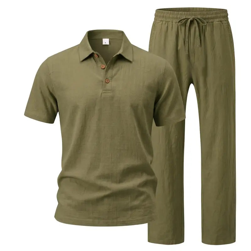 Hot Sales 🔥👕Men Linen Polo 2 Piece Outfit,🌴 Summer Shorts & Long Pants Suit🩳  👖