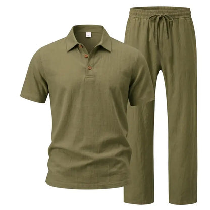 Hot Sales 🔥👕Men Linen Polo 2 Piece Outfit,🌴 Summer Shorts & Long Pants Suit🩳  👖