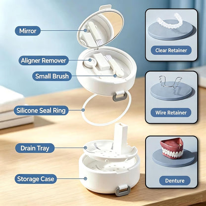 🔥Limited Time 50% OFF🔥 3-in-1 Denture Cleaning Box with Lift Drain Tray & Mirror, Leakproof Portable Travel Denture Cleaning Case🦷
