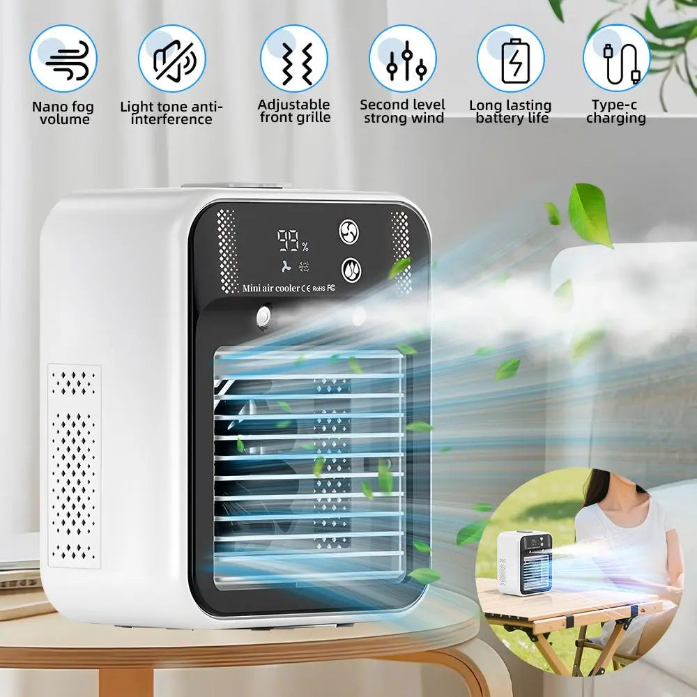 ❄️ 3-in-1 Portable Mini Ice Mist Air Cooler Fan, Quiet Wireless Evaporative Cooling Fan with 20° Adjustable Wind, 500ml Water Tank