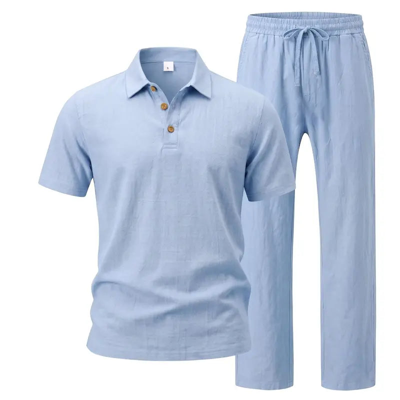 Hot Sales 🔥👕Men Linen Polo 2 Piece Outfit,🌴 Summer Shorts & Long Pants Suit🩳  👖