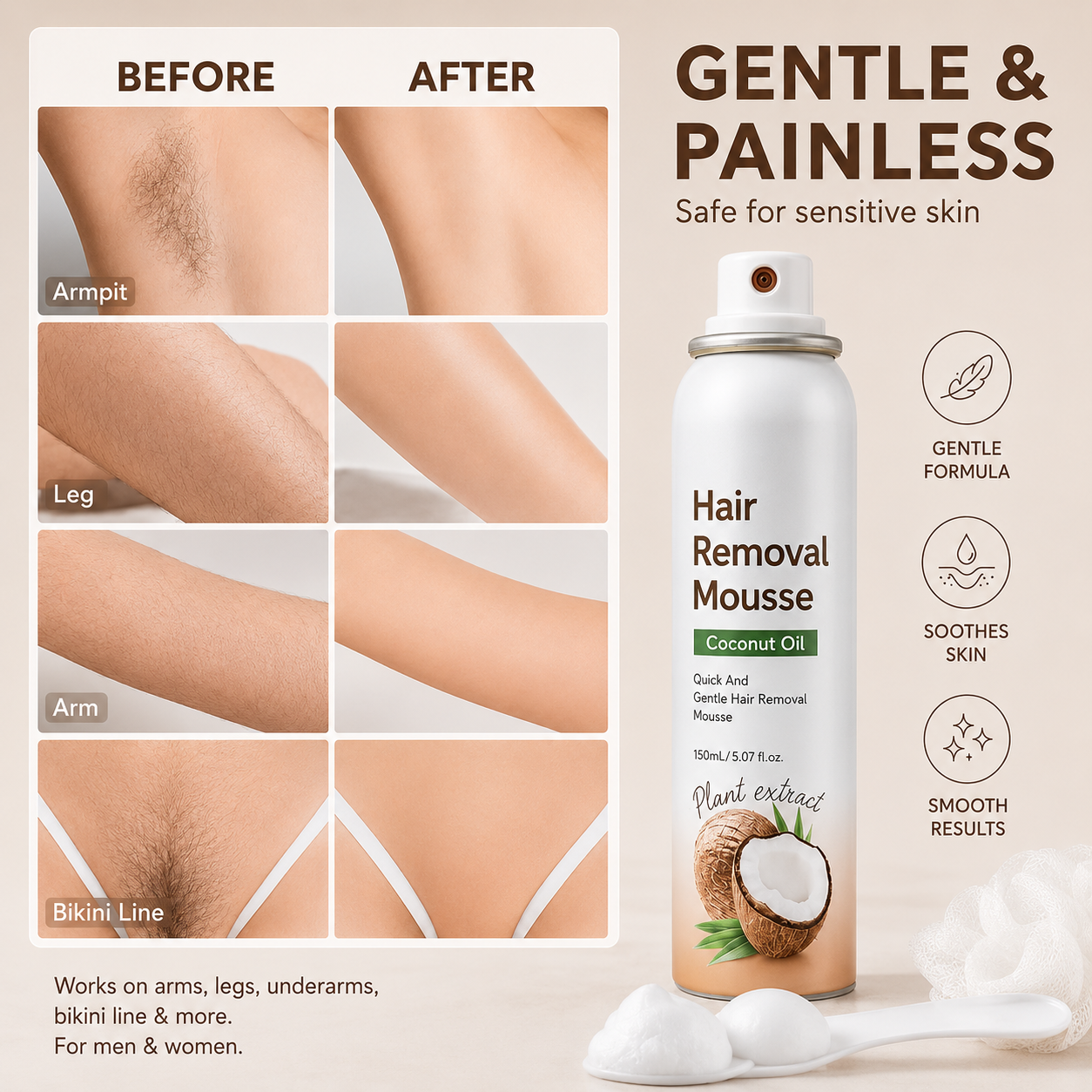 🔥LAST DAY 49% OFF🔥🥥 Hair Removal Mousse Set🌿Gentle Depilatory Foam for Sensitive Skin
