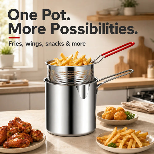 🔥Limited Time 49% OFF🍳 Oil‑Saving Deep Fry Pot, Stainless Steel Small Frying Pot with Strainer Basket & Food Clip