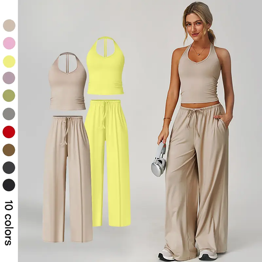 Women's Summer V Neck Top & Wide Leg Pants Set