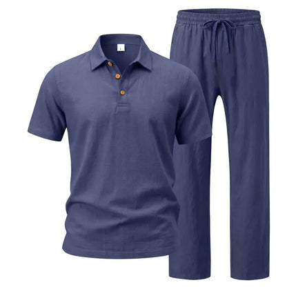 Hot Sales 🔥👕Men Linen Polo 2 Piece Outfit,🌴 Summer Shorts & Long Pants Suit🩳  👖