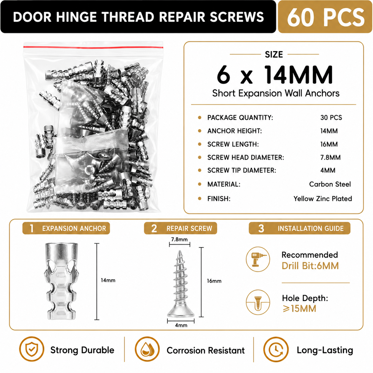 🔥Limited-time 49% off🔥🔩60PCS 6×14mm Hinge Repair Expansion Anchors for Loose Cabinet Doors