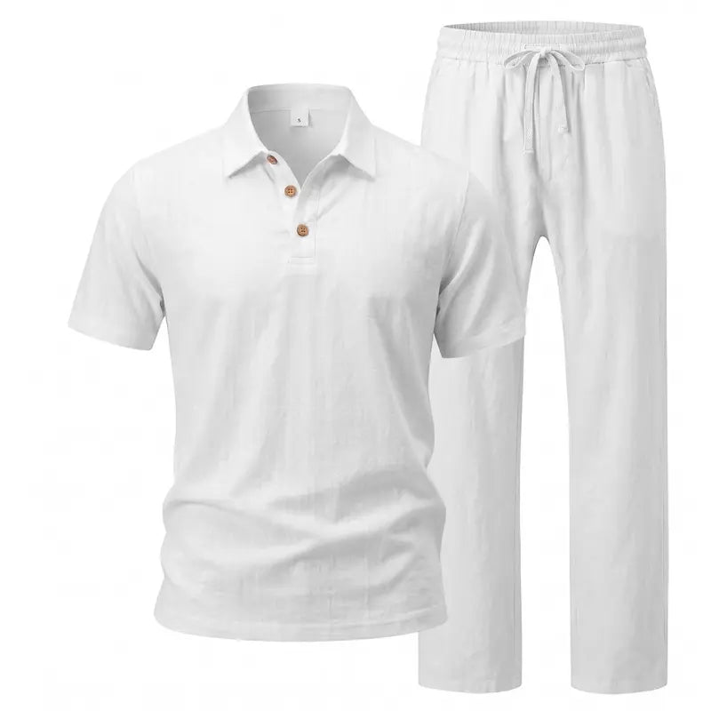 Hot Sales 🔥👕Men Linen Polo 2 Piece Outfit,🌴 Summer Shorts & Long Pants Suit🩳  👖