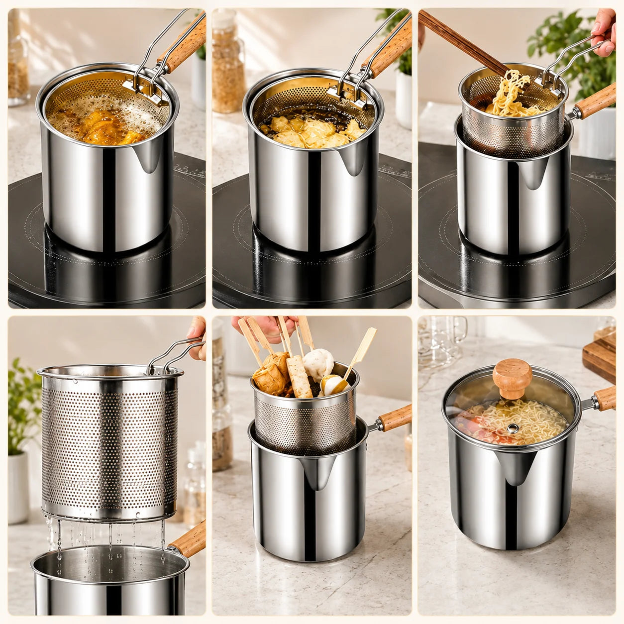 🔥Limited Time 49% OFF🍳 Oil‑Saving Deep Fry Pot, Stainless Steel Small Frying Pot with Strainer Basket & Food Clip