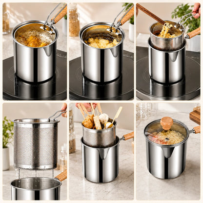 🔥Limited Time 49% OFF🍳 Oil‑Saving Deep Fry Pot, Stainless Steel Small Frying Pot with Strainer Basket & Food Clip