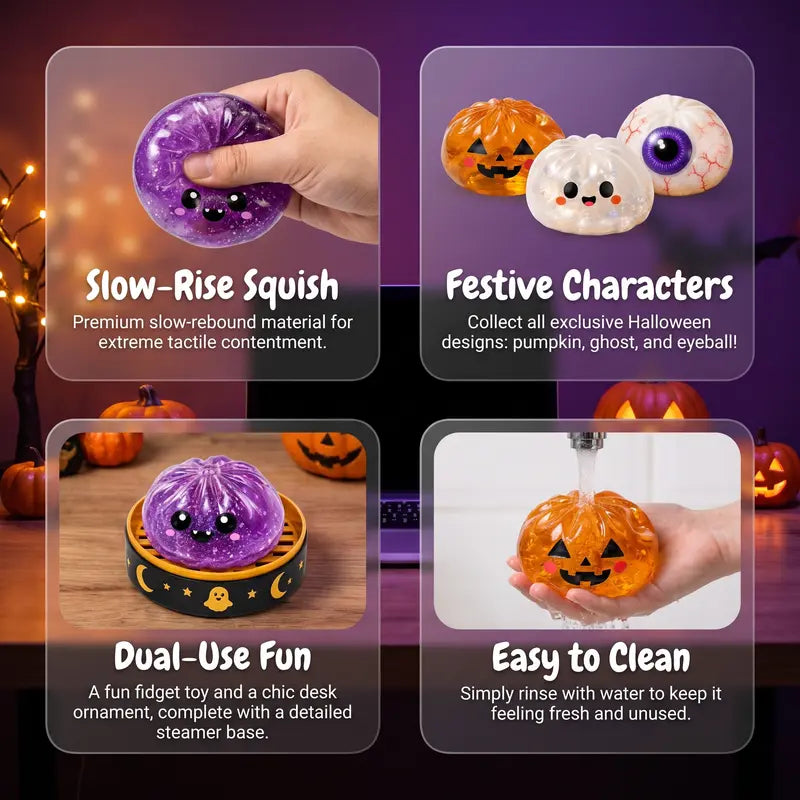 🎃 Halloween Steamed Bun Squishy Toy Set ✨Slow Rising Stress Relief Fidget Toy with Steamer Base
