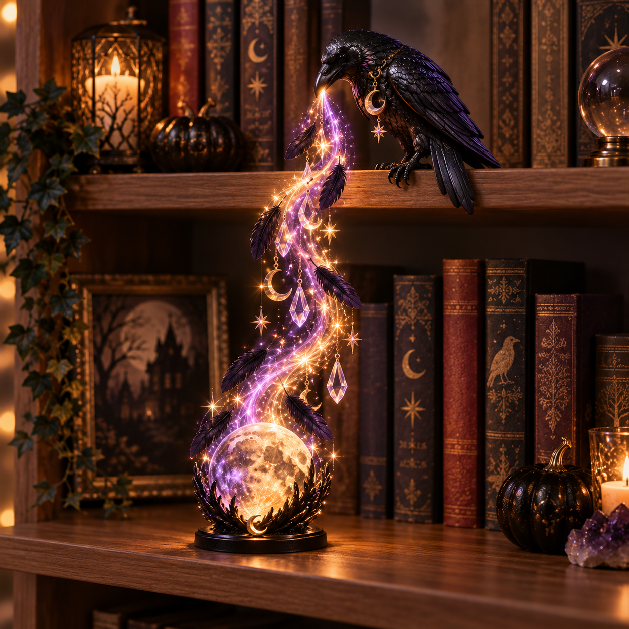 Raven cascade shelf light with a mystical glowing base