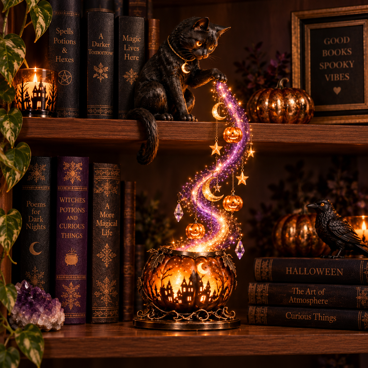 Black cat cascade shelf light with pumpkin-inspired base