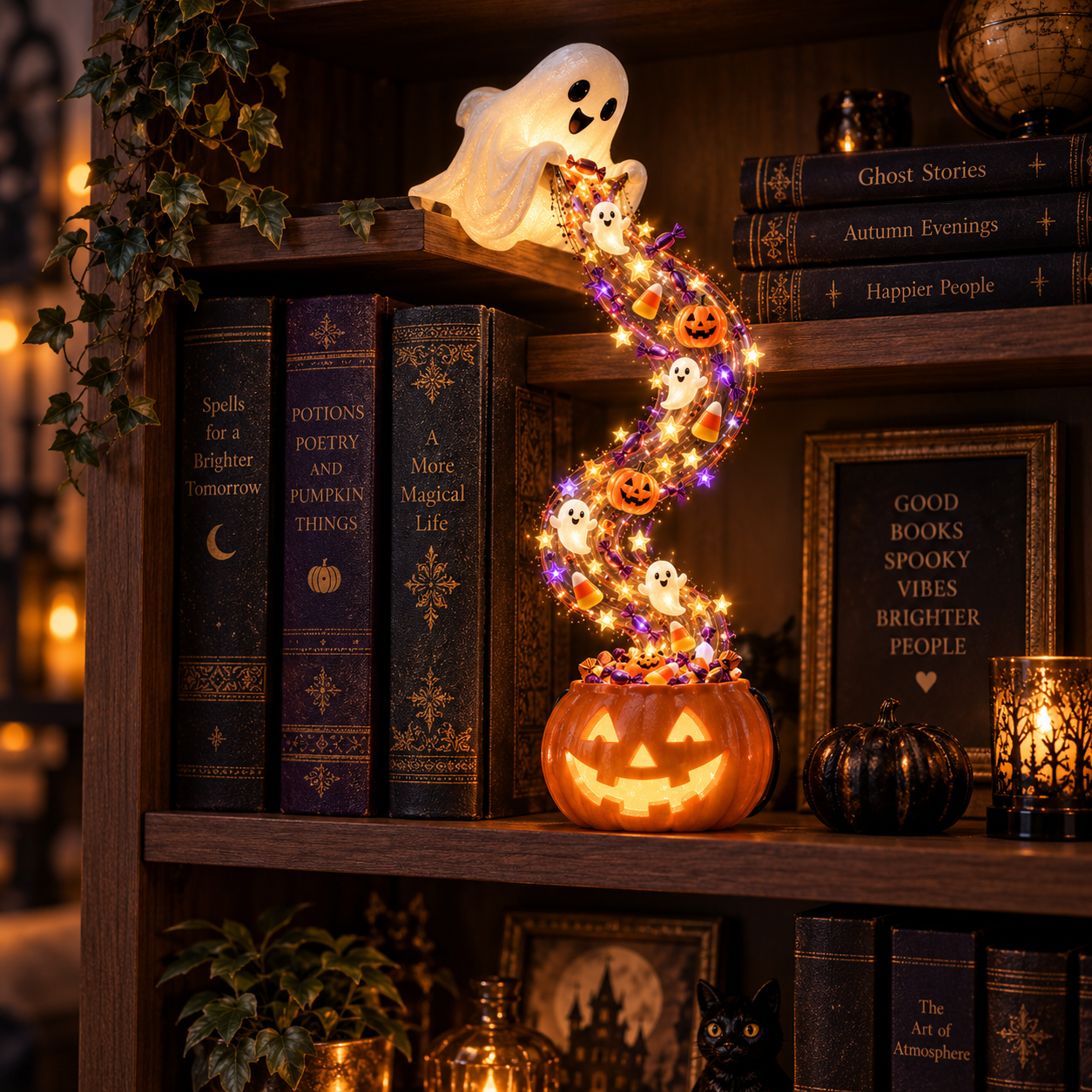 Ghost cascade shelf light with a jack-o-lantern base