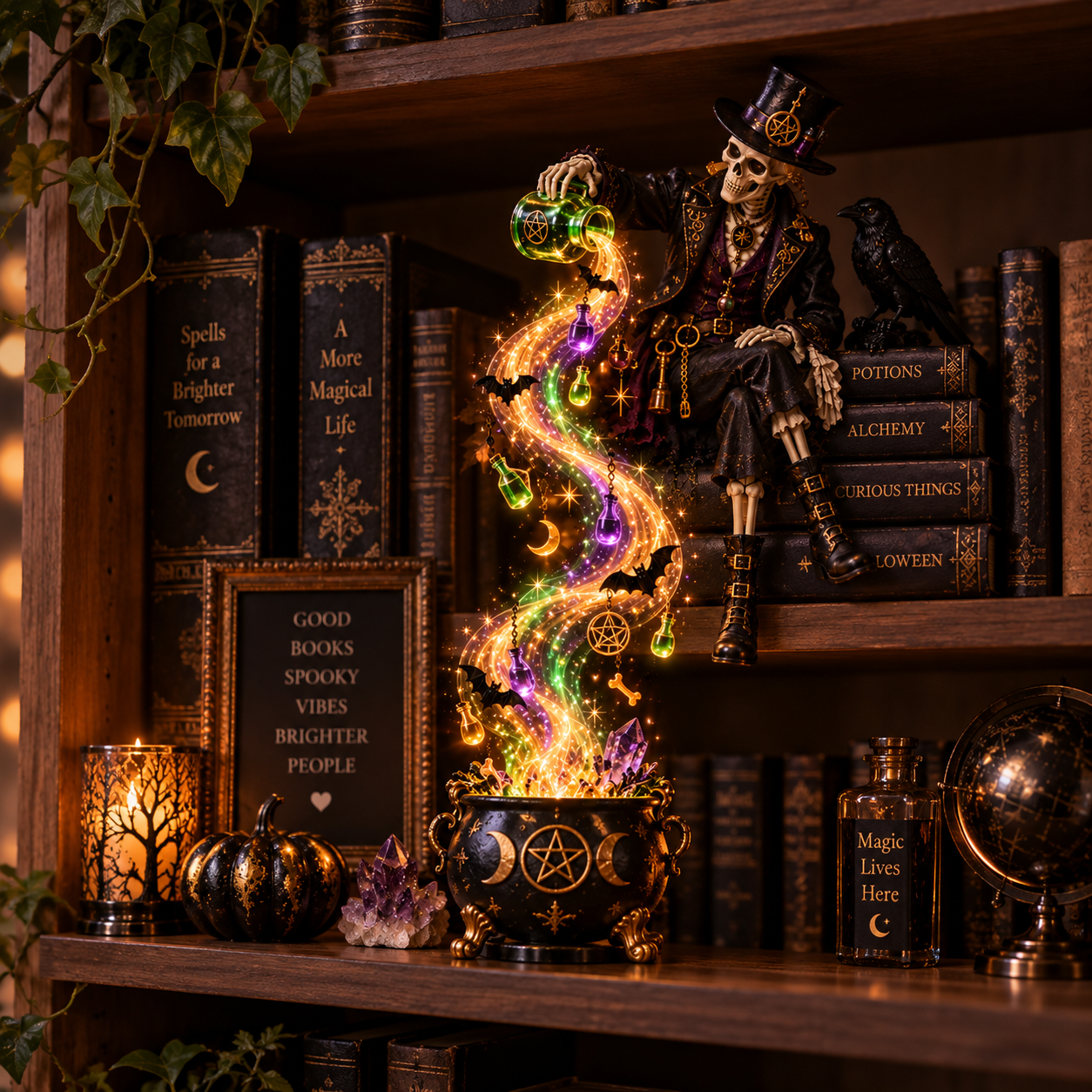 Skeleton alchemist cascade shelf light with a cauldron-inspired base