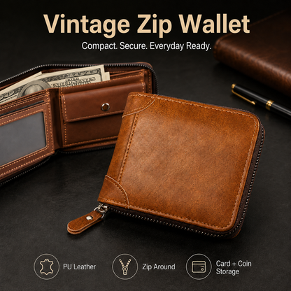 2025 New Men's Wallet PU Leather Retro Zipper Wallet